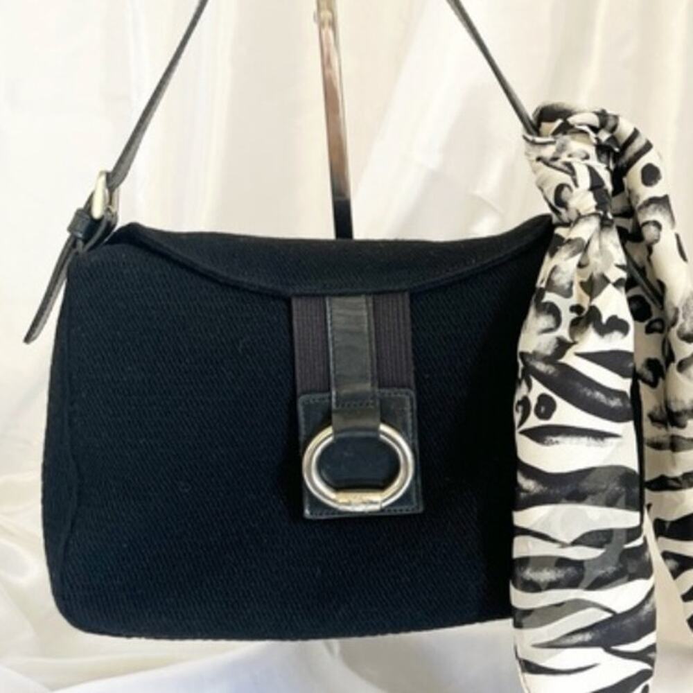 BURBERRY Blue Label Shoulder Satchel Bag Black Canvas Fabric